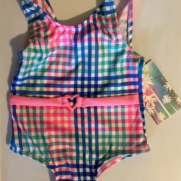 Pink Platinum One Piece Pink and Blue Gingham Swimsuit with Heart Detail ::NWT:: - Picture 2 of 7